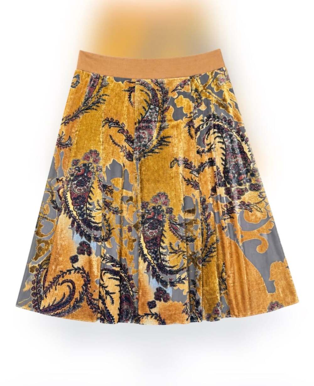 Coldwater Creek Paisley Velvet Skirt PM Brown Gold Floral Velour Lined